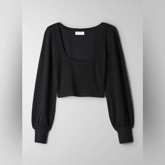 Aritzia Babaton Paxton Cuffed Longsleeve Black Low Scoop Neck Cropped Top Blouse - Picture 7 of 15